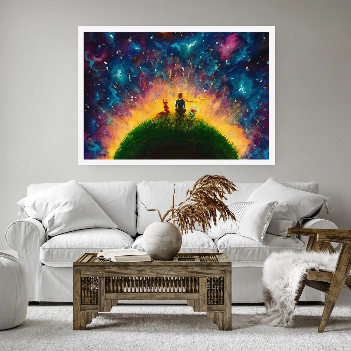 Poster - Figuren auf einem grünen Hügel, umgeben von einem Sternenhimmel - 100x70cm - Liebe und Freundschaft - die ganze Welt - Moderne Wanddekoration für Wohnzimmer und Schlafzimmer ARTTOR