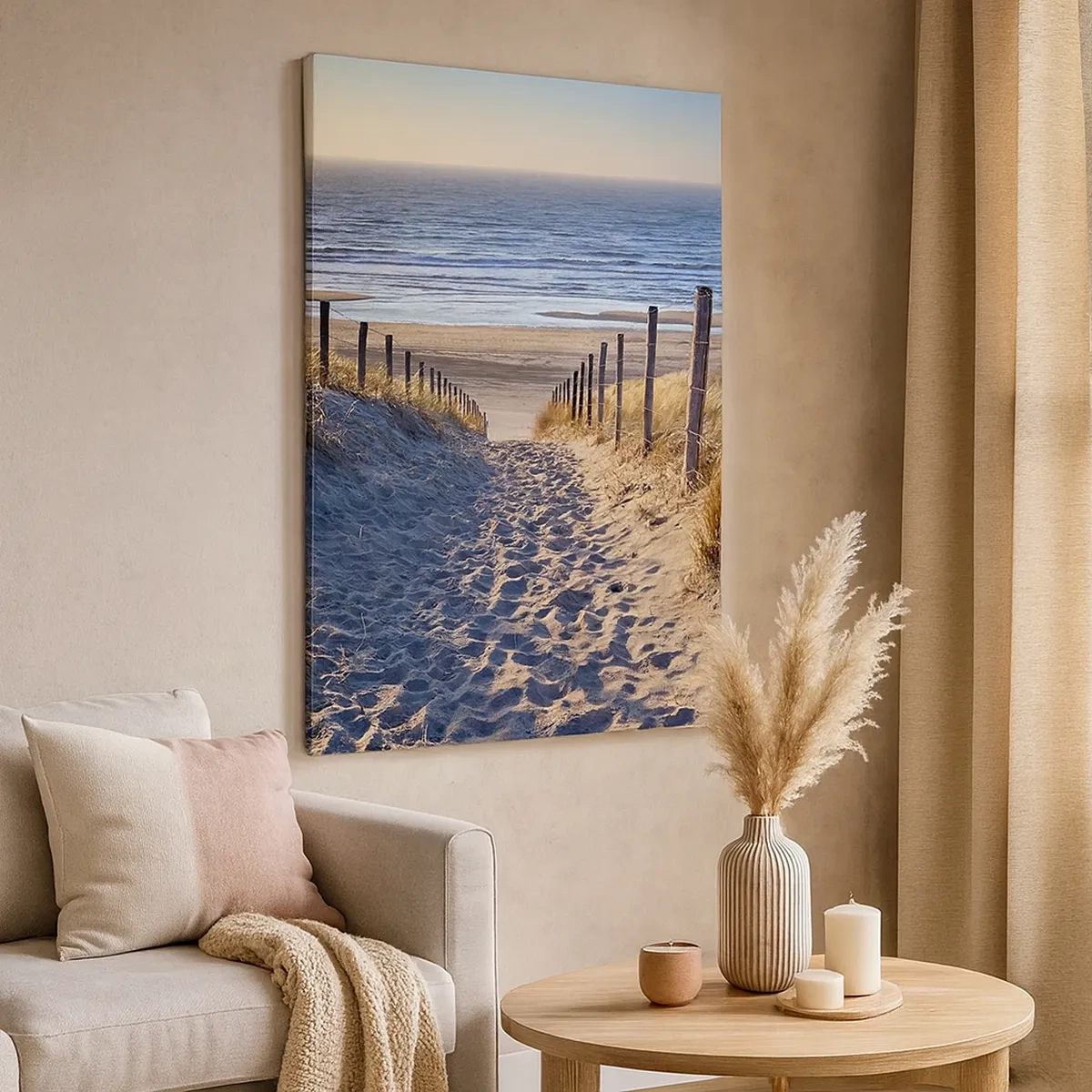 Bild auf Leinwand - Leinwandbild - Weg durch die Dünen zum Strand - 50x70cm - Das Rauschen des Meeres, der Gesang der Vögel, ein wilder Strand im Gras ... - Moderne Wanddekoration für Wohnzimmer und Schlafzimmer ARTTOR