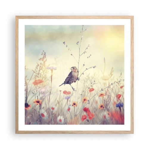 Poster in einem Rahmen aus heller Eiche - Vogelporträt mit einer Wiese im Hintergrund - 60x60 cm
