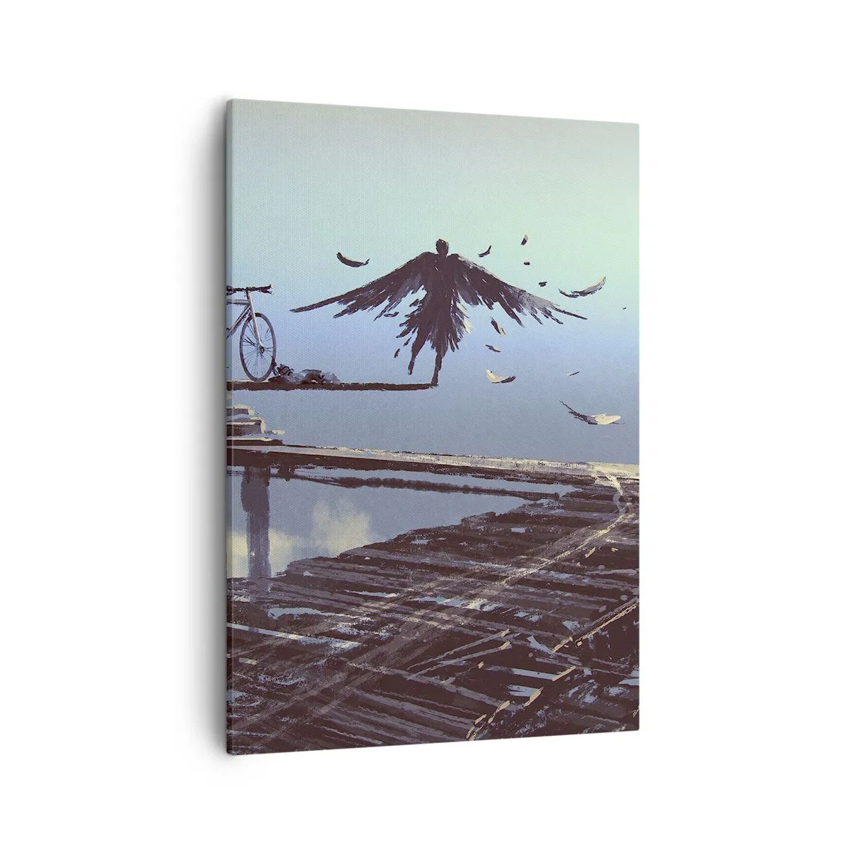 Bild auf Leinwand - Leinwandbild - Eine Figur mit Federn schwebt über einer Holzbrücke neben einem Fahrrad. - 50x70cm - Ikarus lebt für immer - Moderne Wanddekoration für Wohnzimmer und Schlafzimmer ARTTOR