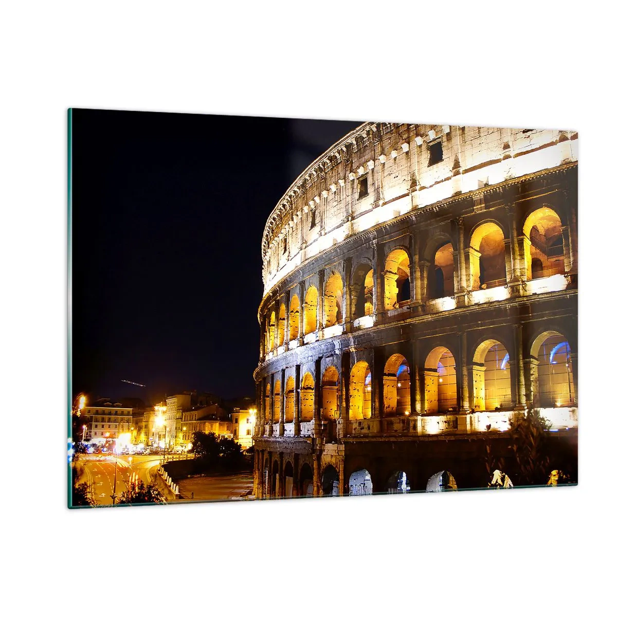 Glasbild - Bild auf glas - Das Kolosseum bei Nacht mit beleuchteten Bögen - 120x80cm - Es ist Zeit, die Spiele zu beginnen - Moderne Wanddekoration für Wohnzimmer und Schlafzimmer ARTTOR