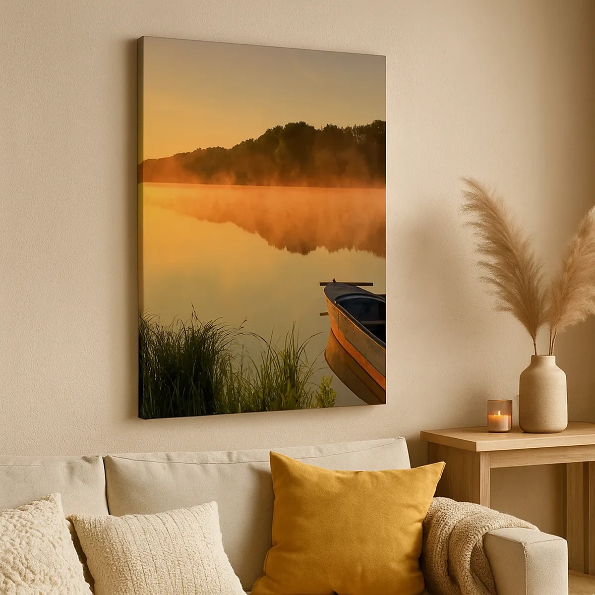 Bild auf Leinwand - Leinwandbild - Morgennebel über dem Fluss mit einem Boot in den Sonnenstrahlen - 50x70cm - Sonnenaufgang über dem Wasser wie ein Spiegel - Moderne Wanddekoration für Wohnzimmer und Schlafzimmer ARTTOR