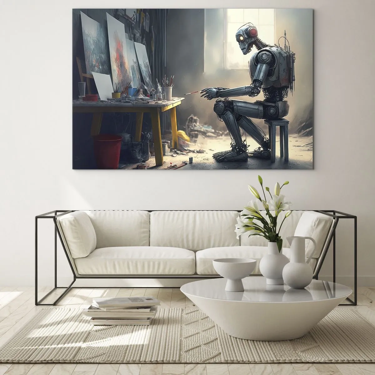 Glasbild - Bild auf glas - Ein Roboter, der in einem Kunstatelier Bilder malt - 100x70cm - Schöpfungsakt - Moderne Wanddekoration für Wohnzimmer und Schlafzimmer ARTTOR