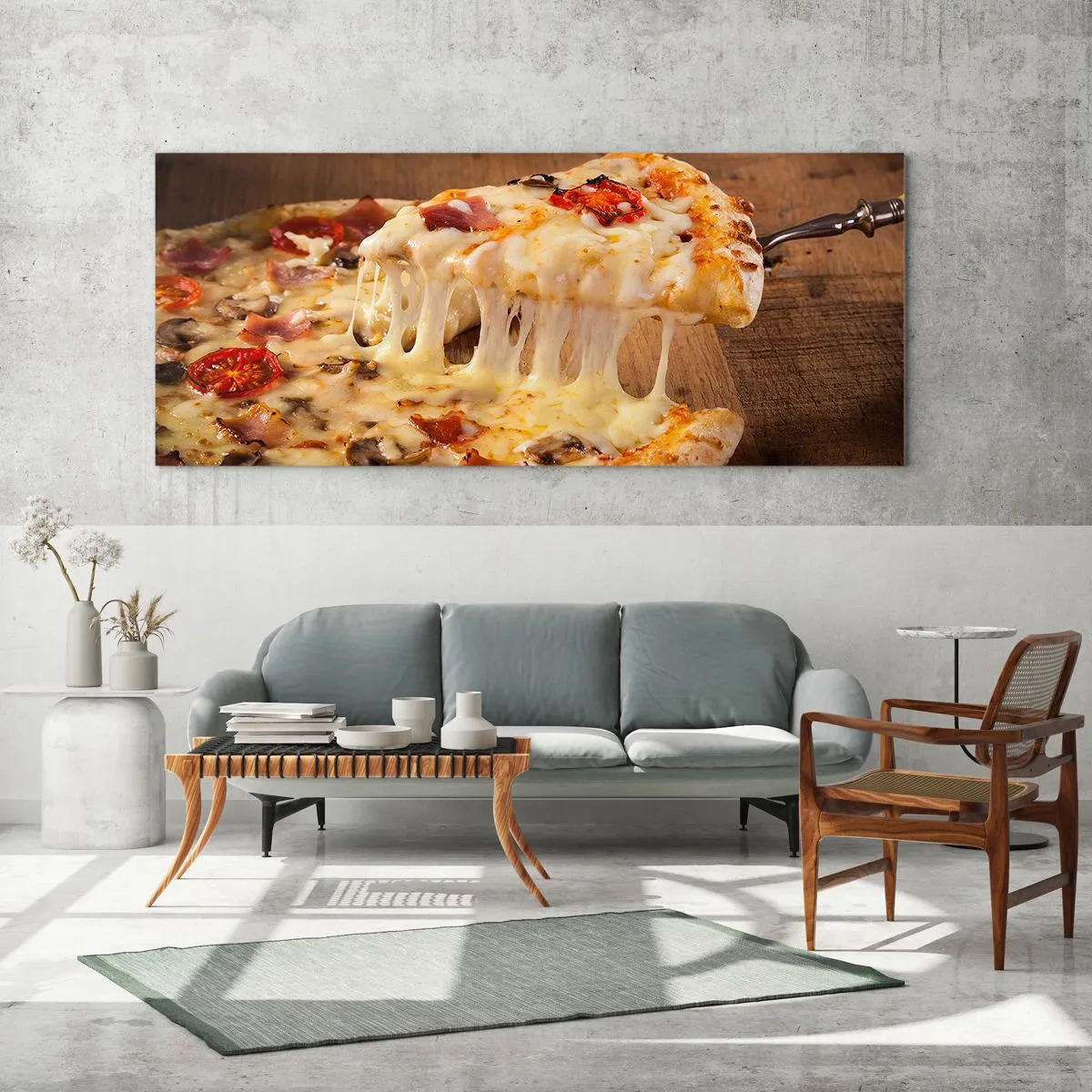 Glasbild - Bild auf glas - Pizza mit faserigem Käse - 140x50cm - Ein Meisterwerk der italienischen Kunst - Moderne Wanddekoration für Wohnzimmer und Schlafzimmer ARTTOR