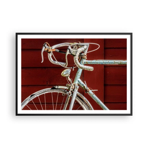 Poster in einem schwarzem Rahmen - Ein Vintage-Fahrrad vor einer roten Holzwand - 100x70cm - Geschaffen um zu siegen - Moderne Wanddekoration für Wohnzimmer und Schlafzimmer ARTTOR