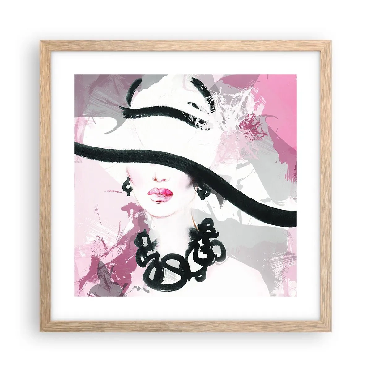 Poster in einem Rahmen aus heller Eiche - Bildnis einer Dame in Schwarz und Pink - 40x40 cm