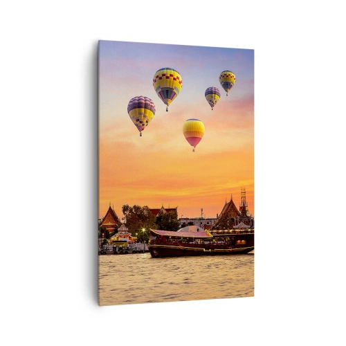 Bild auf Leinwand - Leinwandbild - Ein Tempel und Ballons vor dem Hintergrund der untergehenden Sonne über dem Fluss - 80x120cm - Hier werden Märchen geboren - Moderne Wanddekoration für Wohnzimmer und Schlafzimmer ARTTOR