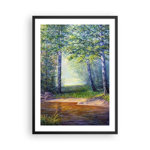 Poster in einem schwarzem Rahmen - Eine Waldlichtung mit Birken und einem Bach in den Strahlen der Sonne - 50x70cm - Idyllische Landschaft - Moderne Wanddekoration für Wohnzimmer und Schlafzimmer ARTTOR