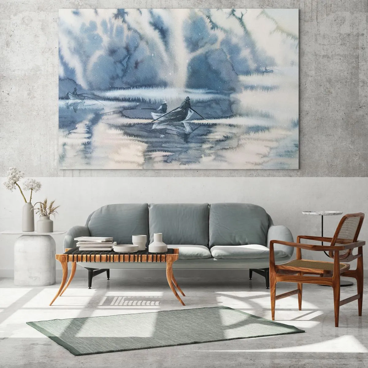 Glasbild - Bild auf glas - Zwei Fischer auf einem Boot, umgeben von einer nebligen Landschaft - 120x80cm - Angler in ihrem Paradies - Moderne Wanddekoration für Wohnzimmer und Schlafzimmer ARTTOR
