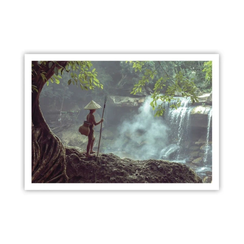 Poster - Eine Figur mit einem Speer an einem Wasserfall in einem tropischen Wald - 100x70cm - Befreundet mit der Natur - Moderne Wanddekoration für Wohnzimmer und Schlafzimmer ARTTOR