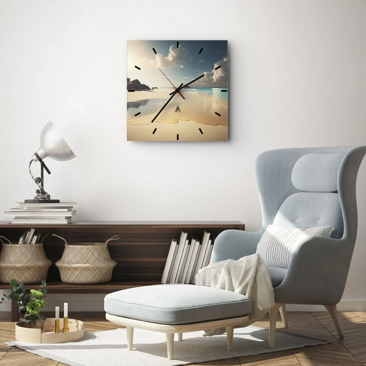 Wanduhr - Glasuhr - Ein sonniger Strand mit blauem Meer und Felsen - 30x30cm - Erträumter Tag - Moderne Wanddekoration für Wohnzimmer und Schlafzimmer ARTTOR