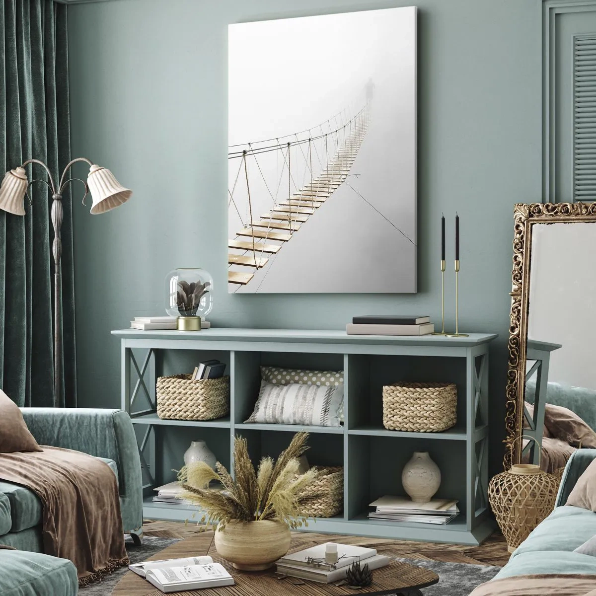 Bild auf Leinwand - Leinwandbild - Eine Hängebrücke im Nebel aus minimalistischer Perspektive - 70x100cm - Wohin wird es dich führen? - Moderne Wanddekoration für Wohnzimmer und Schlafzimmer ARTTOR