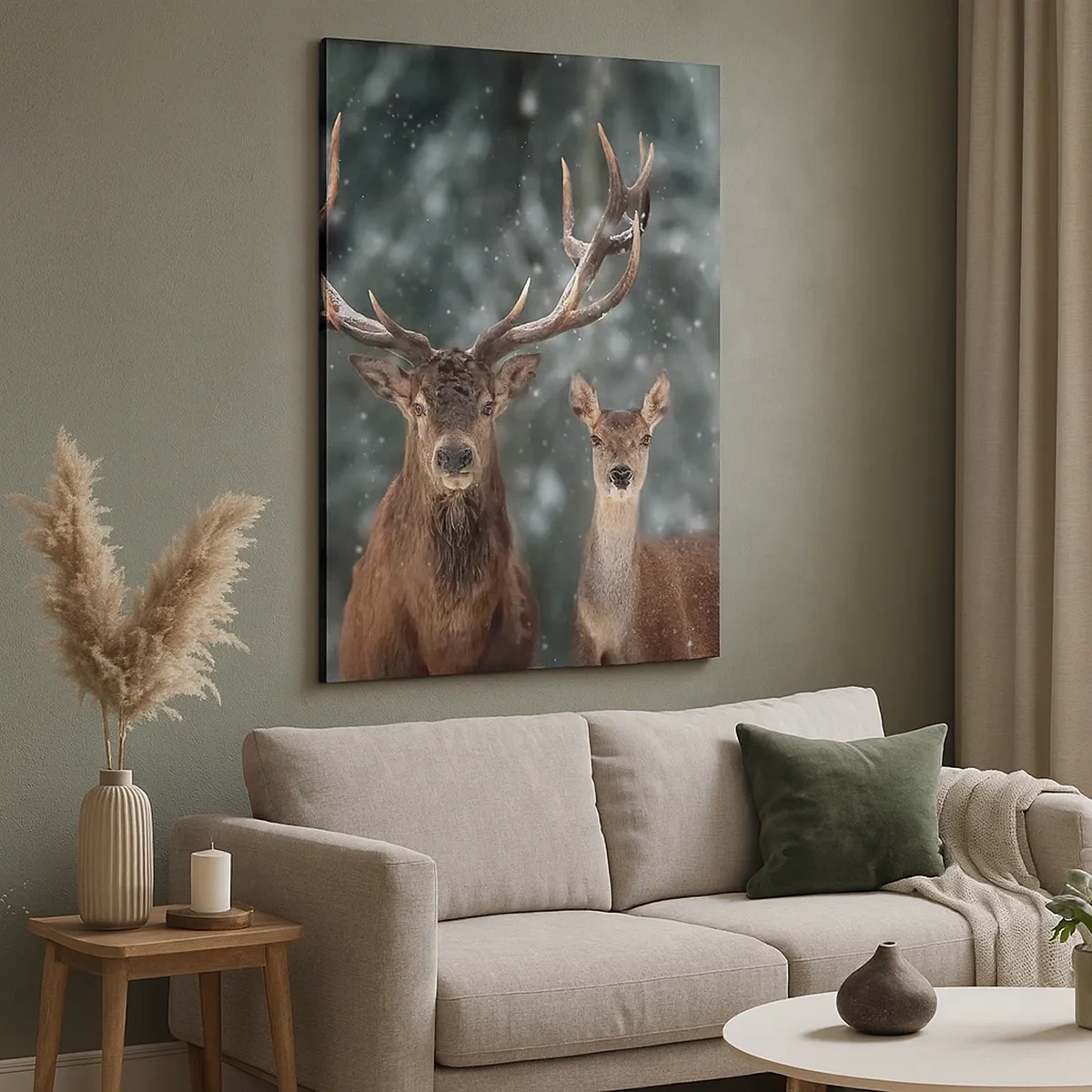 Bild auf Leinwand - Leinwandbild - Hirsche im verschneiten Winterwald - 50x70cm - Herr des Waldes mit seiner Frau - Moderne Wanddekoration für Wohnzimmer und Schlafzimmer ARTTOR