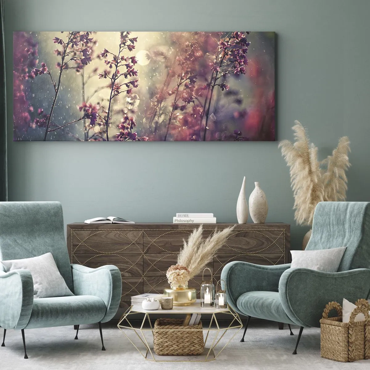 Bild auf Leinwand - Leinwandbild - Blumen im Sonnenlicht vor dem Hintergrund der Natur - 120x50cm - Geheimnisvoller Garten - Moderne Wanddekoration für Wohnzimmer und Schlafzimmer ARTTOR