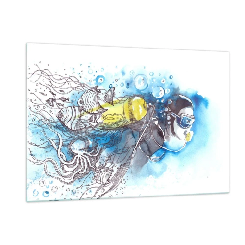 Glasbild - Bild auf glas - Taucher unter Wasser mit Fischen in künstlerischem Aquarell - 120x80cm - Tolles Blau - Moderne Wanddekoration für Wohnzimmer und Schlafzimmer ARTTOR