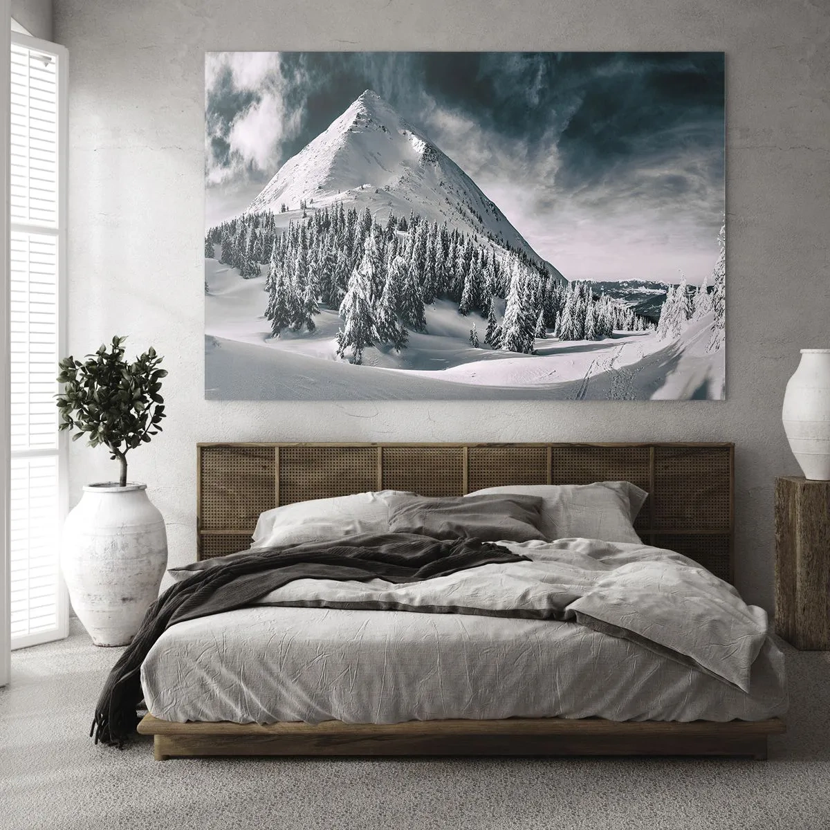 Glasbild - Bild auf glas - Winterliche Berglandschaft mit schneebedeckten Gipfeln und Wald - 100x70cm - Das Land aus Schnee und Eis - Moderne Wanddekoration für Wohnzimmer und Schlafzimmer ARTTOR