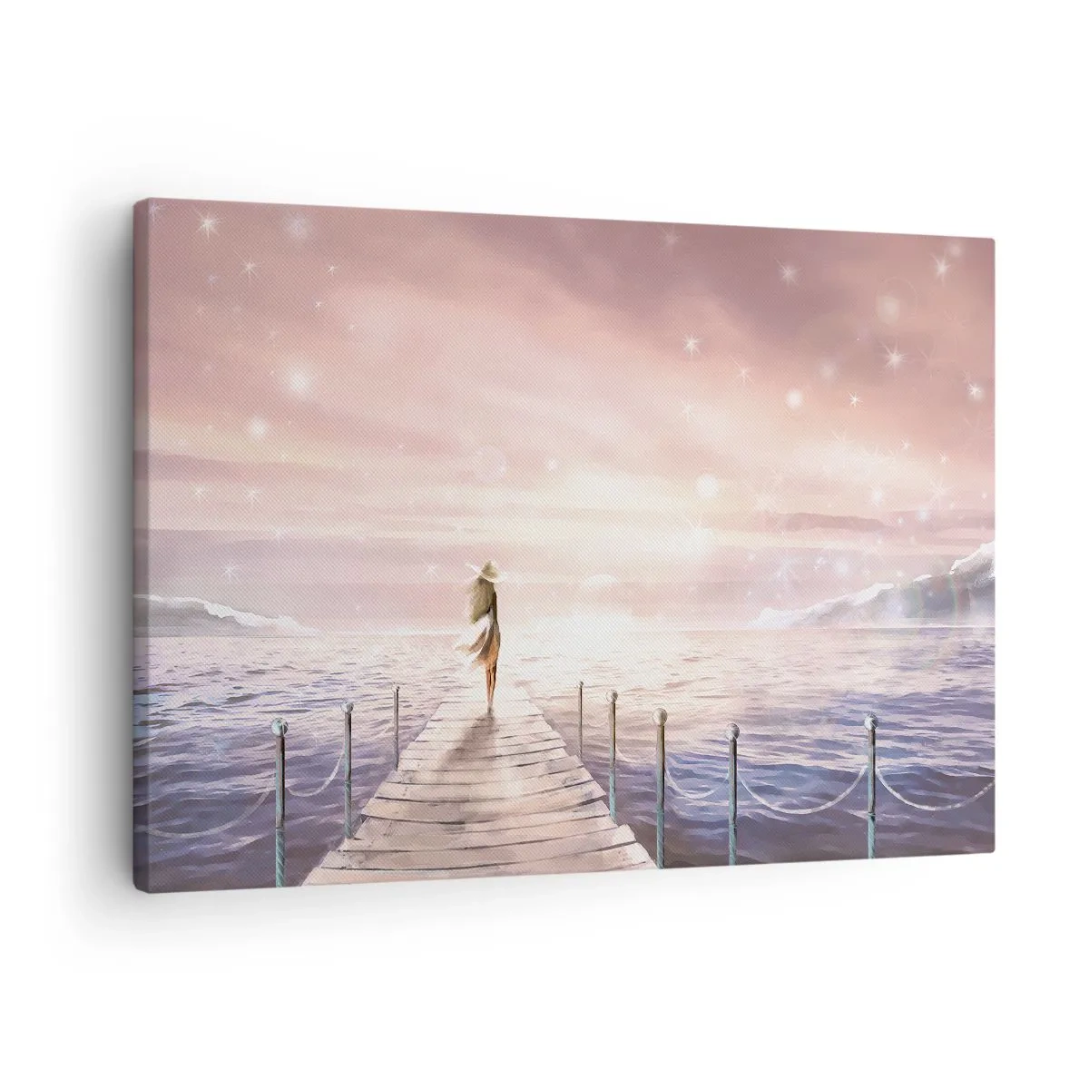 Bild auf Leinwand - Leinwandbild - Eine Frau auf einem Steg in einer magischen Sonnenuntergangskulisse - 70x50cm - Im Licht eines Traums - Moderne Wanddekoration für Wohnzimmer und Schlafzimmer ARTTOR