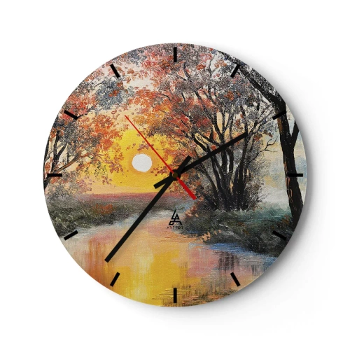 Wanduhr - Glasuhr - Sonnenuntergang über dem Fluss zwischen bunten Bäumen - 30x30cm - Herbststimmung - Moderne Wanddekoration für Wohnzimmer, Küche und Schlafzimmer ARTTOR