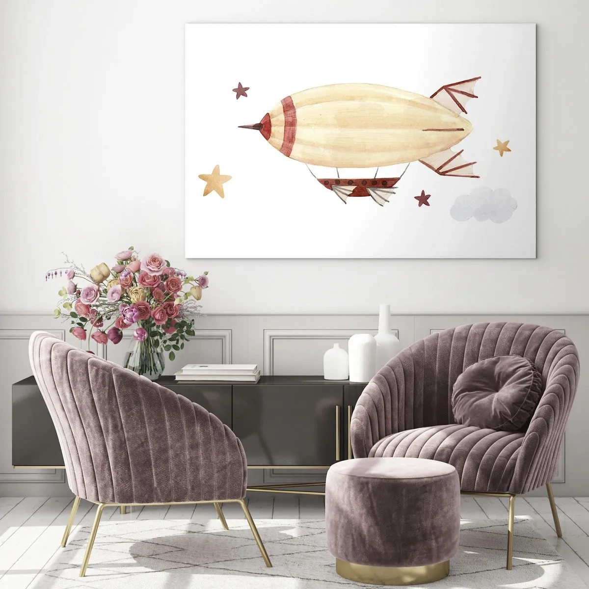 Glasbild - Bild auf glas - Ein Cartoon-Luftschiff zwischen den Sternen auf weißem Hintergrund - 70x50cm - Luftschiff - Moderne Wanddekoration für Wohnzimmer und Schlafzimmer ARTTOR
