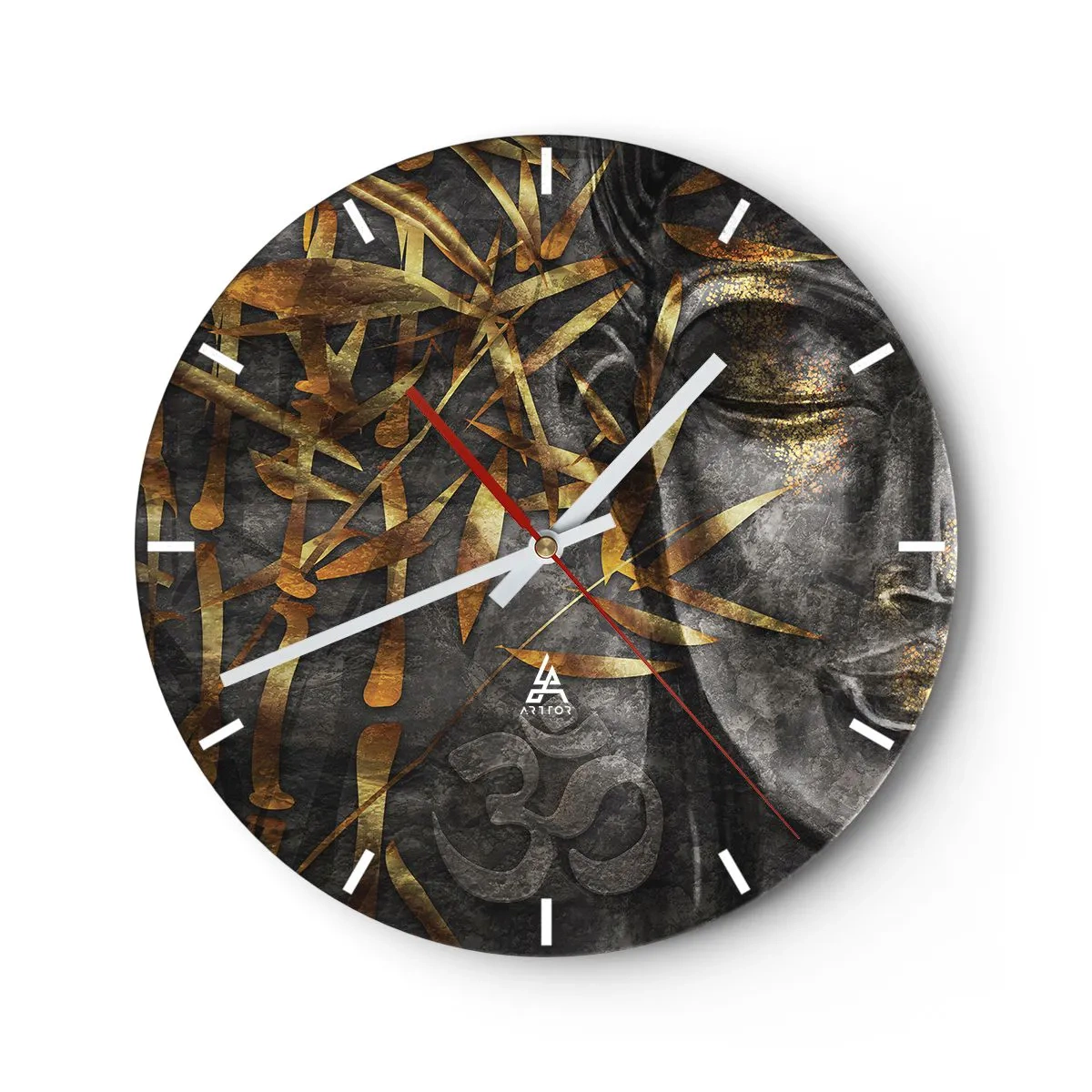 Wanduhr - Glasuhr - Goldenes Buddha-Bild mit Bambusmotiv und Om-Symbol - 30x30cm - Fühle den Frieden - Moderne Wanddekoration für Wohnzimmer, Küche und Schlafzimmer ARTTOR