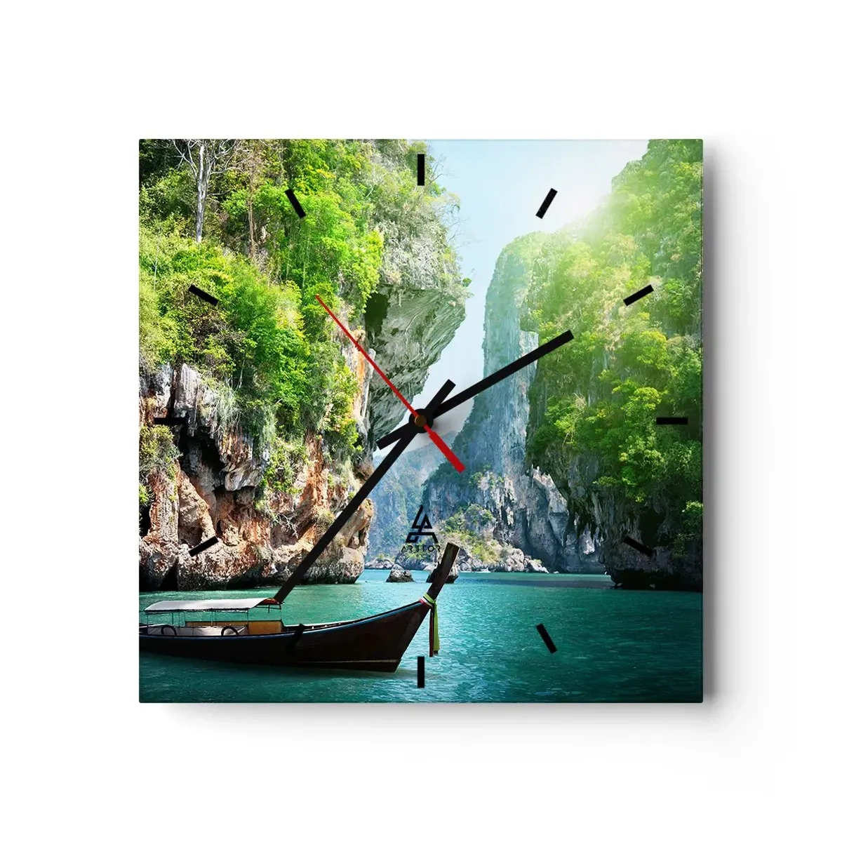 Wanduhr - Glasuhr - Ein traditionelles Boot vor der Kulisse tropischer Klippen und türkisfarbenem Wasser - 30x30cm - Eine Einladung zu einer exotischen Reise - Moderne Wanddekoration für Wohnzimmer und Schlafzimmer ARTTOR