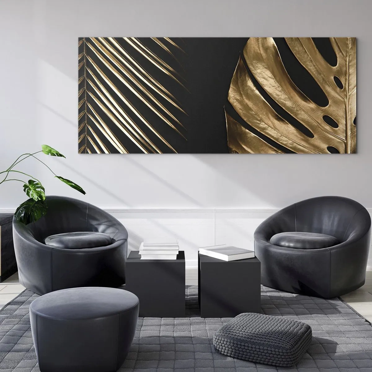 Glasbild - Bild auf glas - Goldene Blätter auf schwarzem Hintergrund - 140x50cm - Anders und genauso teuer - Moderne Wanddekoration für Wohnzimmer und Schlafzimmer ARTTOR