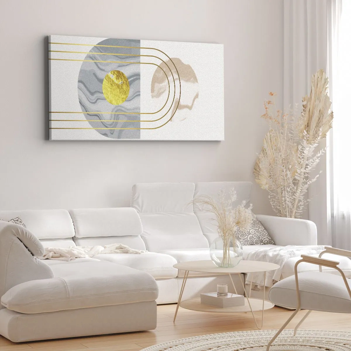 Bild auf Leinwand - Leinwandbild - Abstrakte Komposition mit Kreisen und goldenen Linien auf hellem Hintergrund. - 160x50cm - Helligkeit und Brillanz - Moderne Wanddekoration für Wohnzimmer und Schlafzimmer ARTTOR