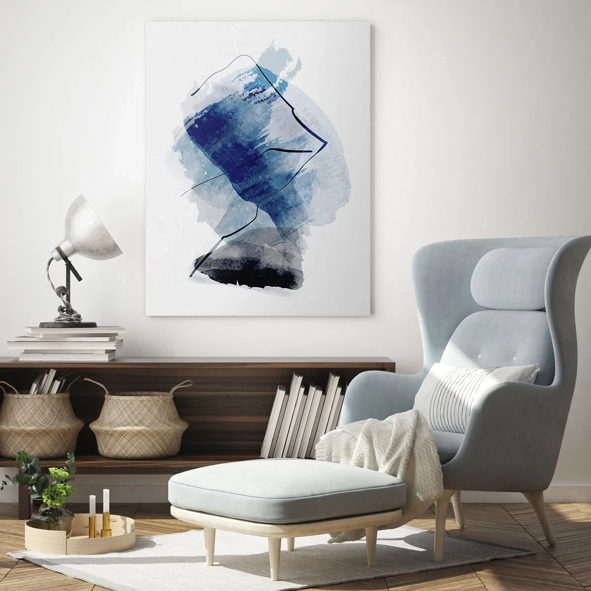 Glasbild - Bild auf glas - Abstrakte Formen in Blautönen mit zarten Linien - 80x120cm - Eisberg - Moderne Wanddekoration für Wohnzimmer und Schlafzimmer ARTTOR