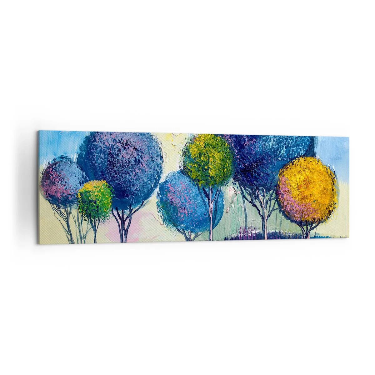 Bild auf Leinwand - Leinwandbild - Bunte kugelförmige Bäume vor dem Hintergrund einer Landschaft - 160x50cm - Kugel - die Form des Ideals - Moderne Wanddekoration für Wohnzimmer und Schlafzimmer ARTTOR