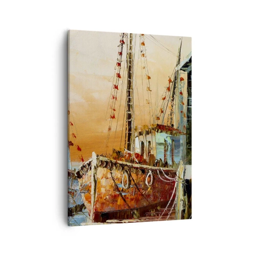 Bild auf Leinwand - Leinwandbild - Boote am Ufer im warmen Licht des Sonnenuntergangs - 50x70cm - Friedliche Rückkehr - Moderne Wanddekoration für Wohnzimmer und Schlafzimmer ARTTOR