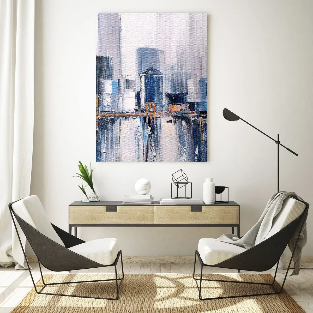 Glasbild - Bild auf glas - Abstraktes Stadtpanorama mit Blau- und Gelbtönen - 70x100cm - New Yorker Eindruck - Moderne Wanddekoration für Wohnzimmer und Schlafzimmer ARTTOR