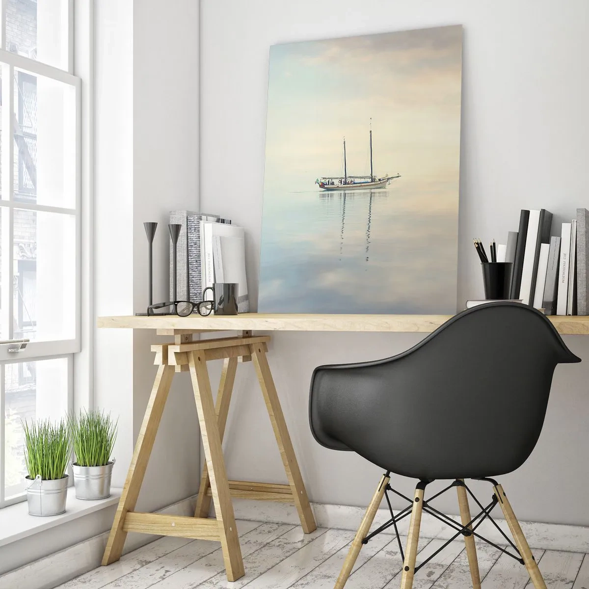 Glasbild - Bild auf glas - Ein Boot auf ruhiger See in sanftem Licht - 70x100cm - Im Meer der Stille - Moderne Wanddekoration für Wohnzimmer und Schlafzimmer ARTTOR
