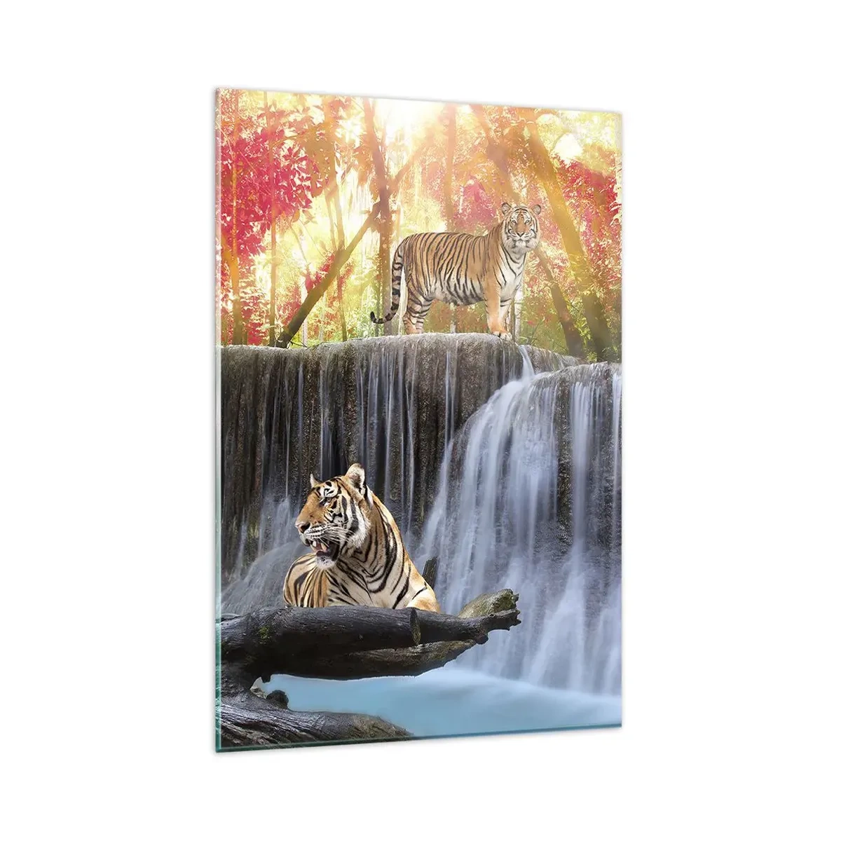 Glasbild - Bild auf glas - Tiger an einem Wasserfall im Herbstwald - 80x120cm - Surreale Landschaft - Moderne Wanddekoration für Wohnzimmer und Schlafzimmer ARTTOR