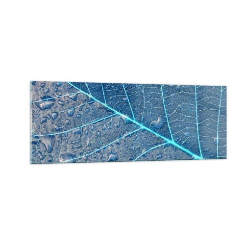 Glasbild - Bild auf glas - Ein Blatt in Blautönen mit Wassertropfen - 140x50cm - Leben in Blau - Moderne Wanddekoration für Wohnzimmer und Schlafzimmer ARTTOR