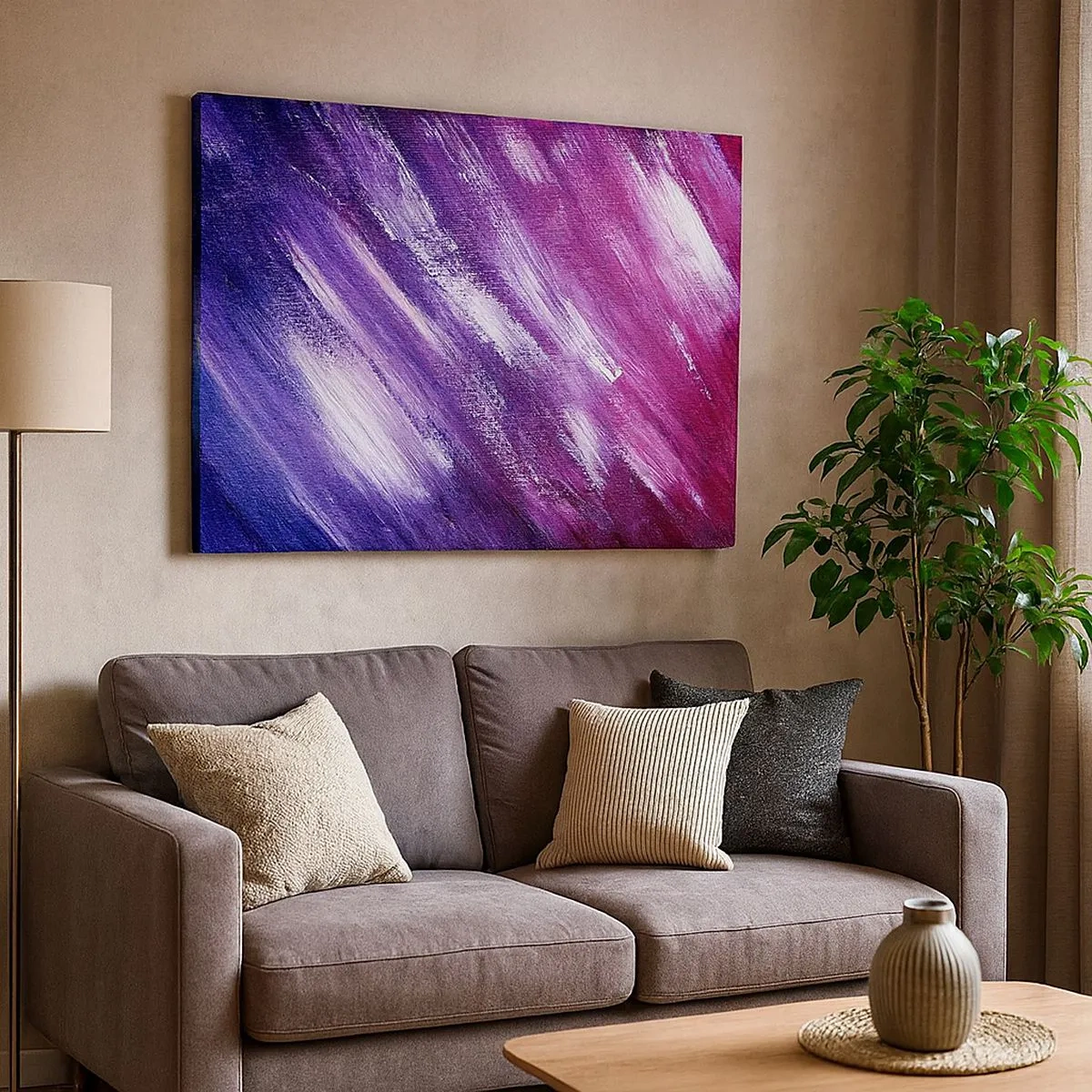Bild auf Leinwand - Leinwandbild - Abstrakte Pinselstriche in Lila- und Rosatönen - 70x50cm - Wenn der sonnige Wind weht - Moderne Wanddekoration für Wohnzimmer und Schlafzimmer ARTTOR