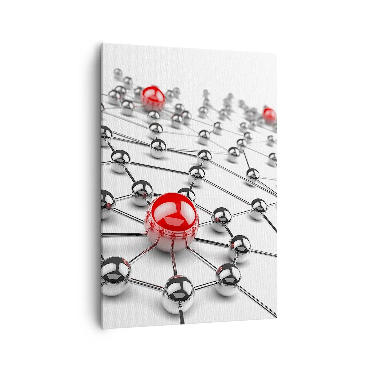 Bild auf Leinwand - Leinwandbild - Ein Netzwerk aus metallischen Kugeln mit roten Akzenten - 70x100cm - Silbriges Netz - Moderne Wanddekoration für Wohnzimmer und Schlafzimmer ARTTOR