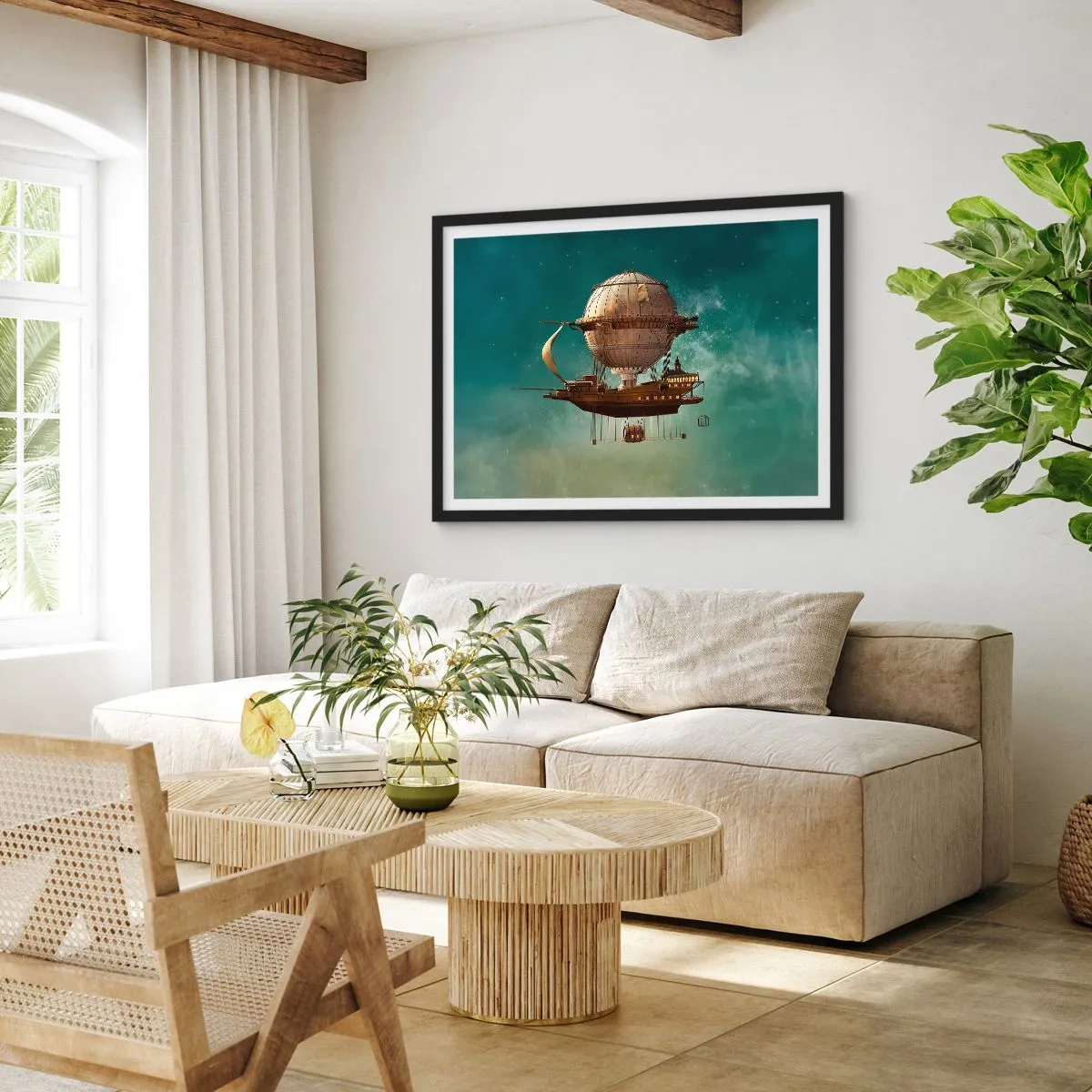 Poster in einem schwarzem Rahmen - Ein fantastisches Luftschiff vor dem grünlichen Himmel - 100x70cm - Jules Verne sagt Hallo - Moderne Wanddekoration für Wohnzimmer und Schlafzimmer ARTTOR