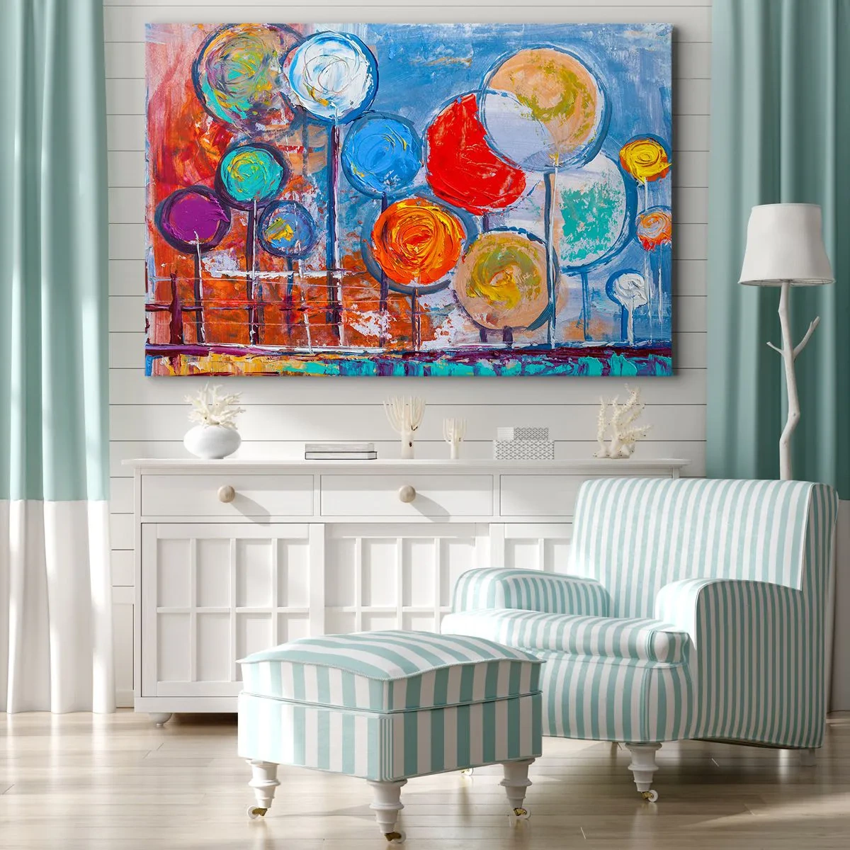 Bild auf Leinwand - Leinwandbild - Bunte abstrakte Bäume auf blauem Hintergrund - 120x80cm - Wunder am Stiel - Moderne Wanddekoration für Wohnzimmer und Schlafzimmer ARTTOR