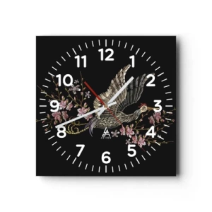 Wanduhr - Glasuhr - Exotischer gestickter Vogel - 40x40 cm