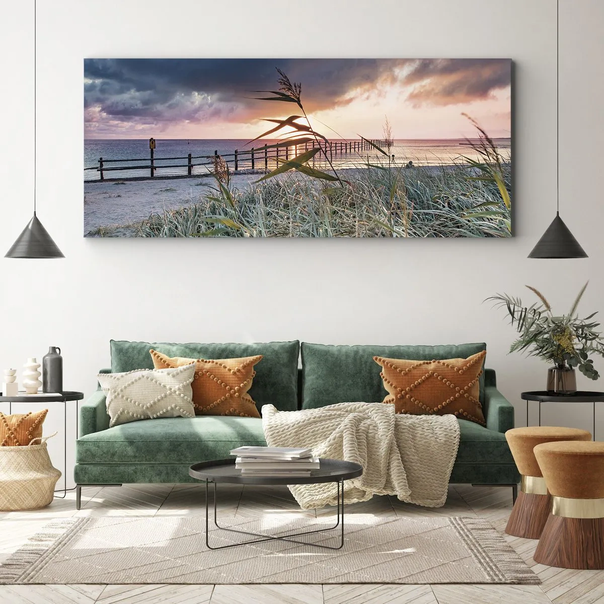 Bild auf Leinwand - Leinwandbild - Strand bei Sonnenuntergang mit Gräsern im Vordergrund - 120x50cm - Es vergeht nicht mit dem Wind - Moderne Wanddekoration für Wohnzimmer und Schlafzimmer ARTTOR