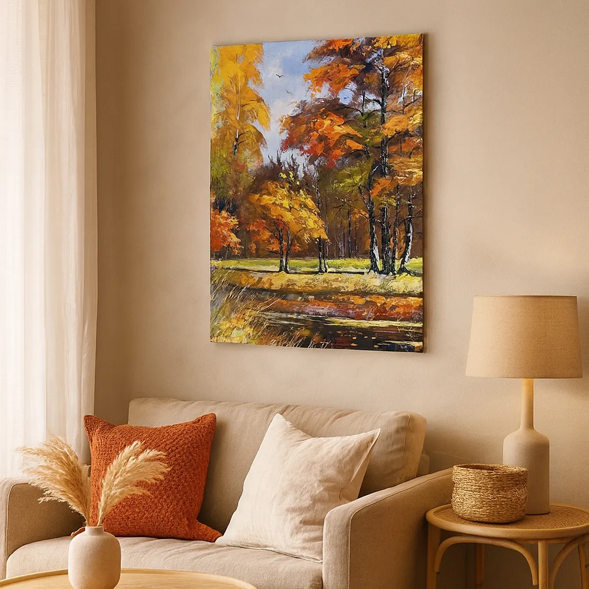 Bild auf Leinwand - Leinwandbild - Herbstlandschaft mit bunten Bäumen und einem Teich - 50x70cm - Landschaft in Gold und Bronze - Moderne Wanddekoration für Wohnzimmer und Schlafzimmer ARTTOR