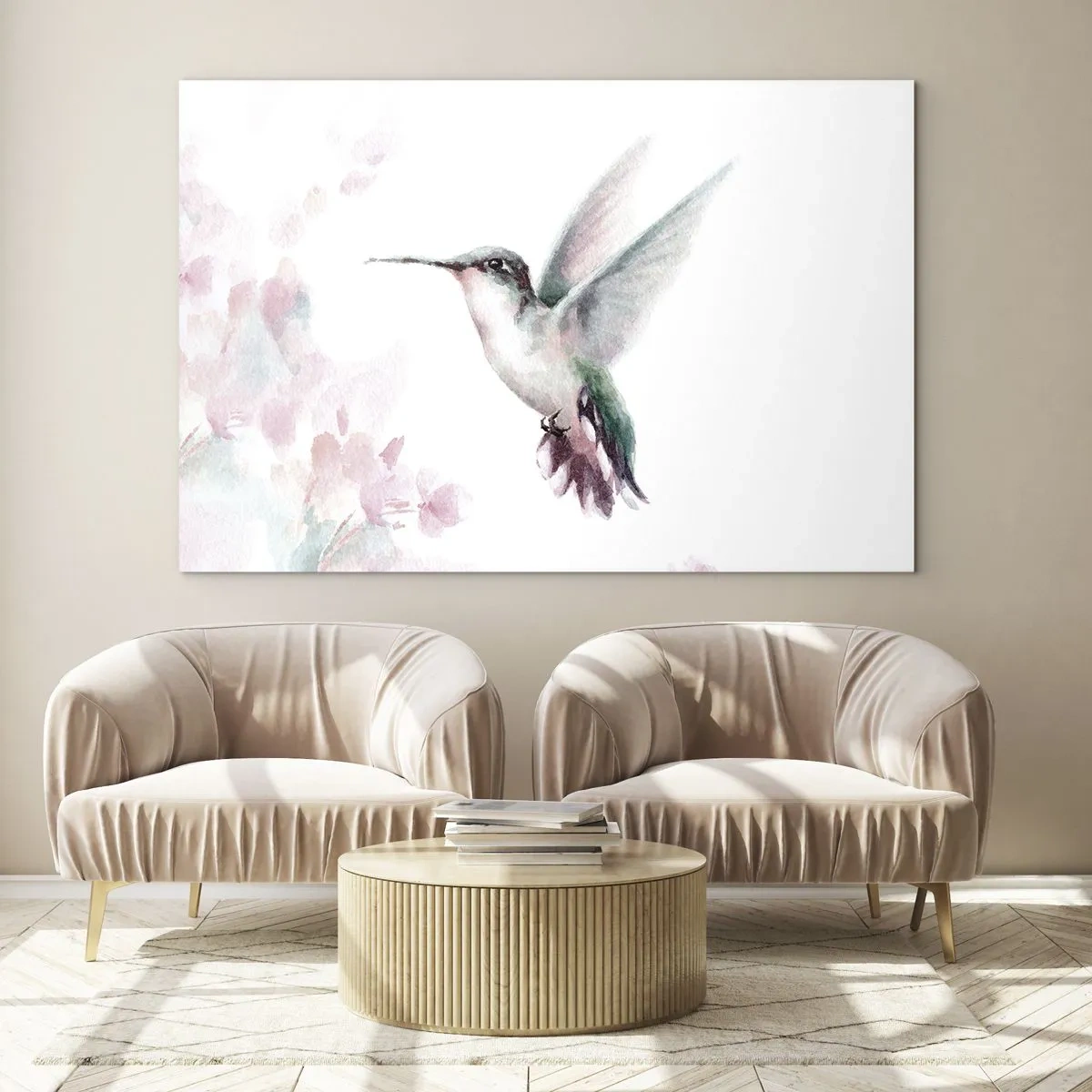 Glasbild - Bild auf glas - Bunter Kolibri in zartem Aquarell - 70x50cm - Im Flattern gehalten - Moderne Wanddekoration für Wohnzimmer und Schlafzimmer ARTTOR