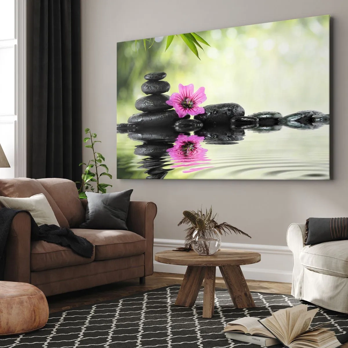 Bild auf Leinwand - Leinwandbild - Zen-Steine und eine rosa Blume spiegeln sich im Wasser - 70x50cm - Zeit für die Seele - Moderne Wanddekoration für Wohnzimmer und Schlafzimmer ARTTOR