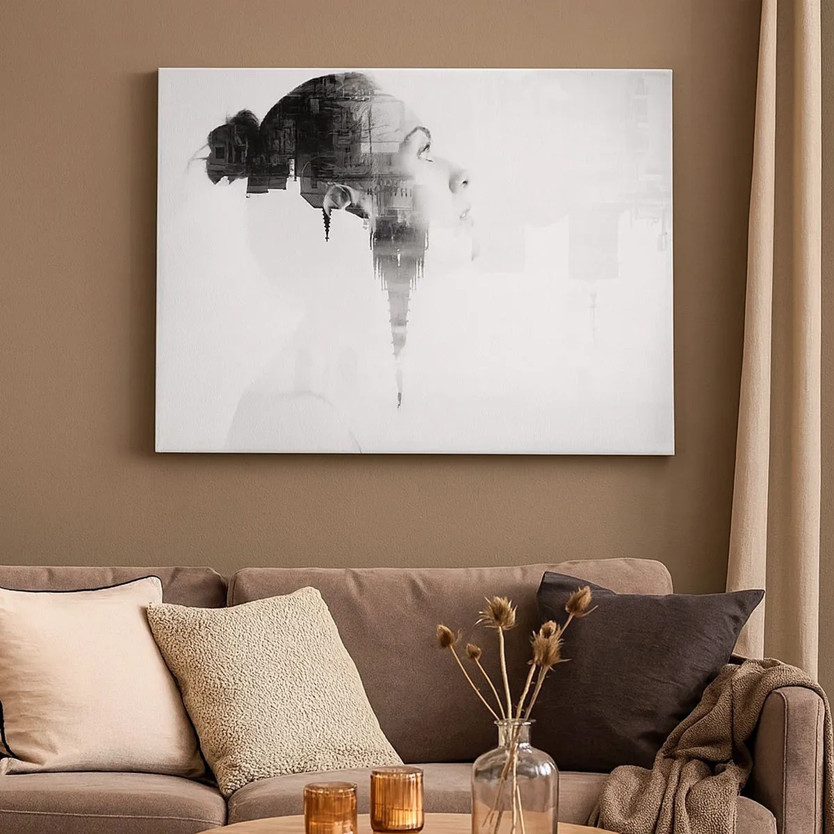 Bild auf Leinwand - Leinwandbild - Porträt einer Frau mit den Umrissen einer Stadt im Hintergrund, schwarz-weiße Farben - 70x50cm - Auf beiden Seiten des Glases - Moderne Wanddekoration für Wohnzimmer und Schlafzimmer ARTTOR