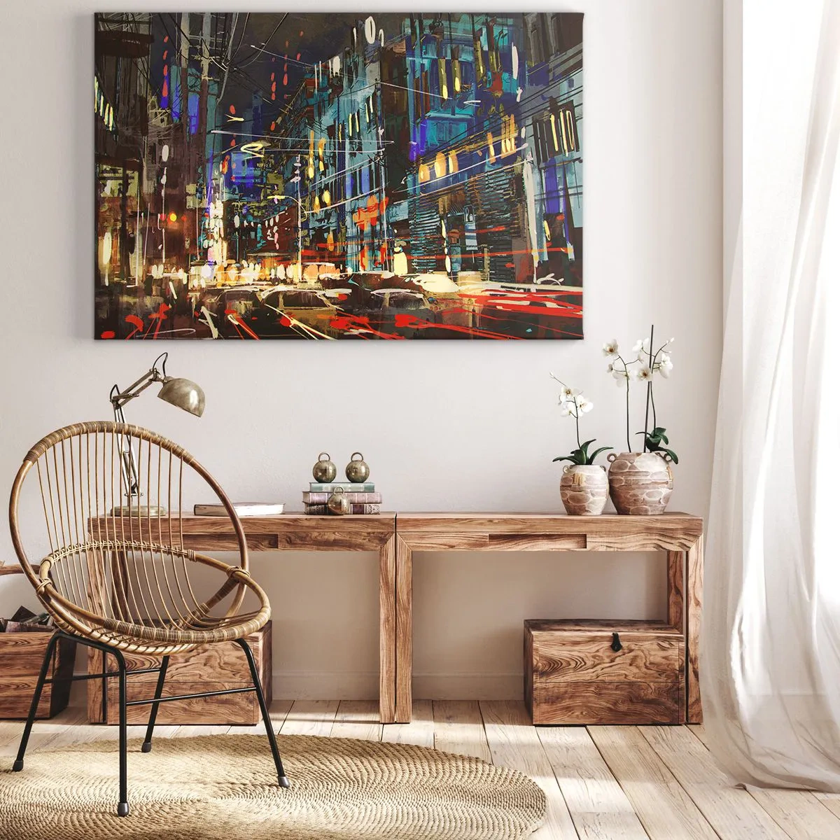 Bild auf Leinwand - Leinwandbild - Stadtnachtszene mit Neonlichtern - 70x50cm - Abendlicher Straßentrubel - Moderne Wanddekoration für Wohnzimmer und Schlafzimmer ARTTOR