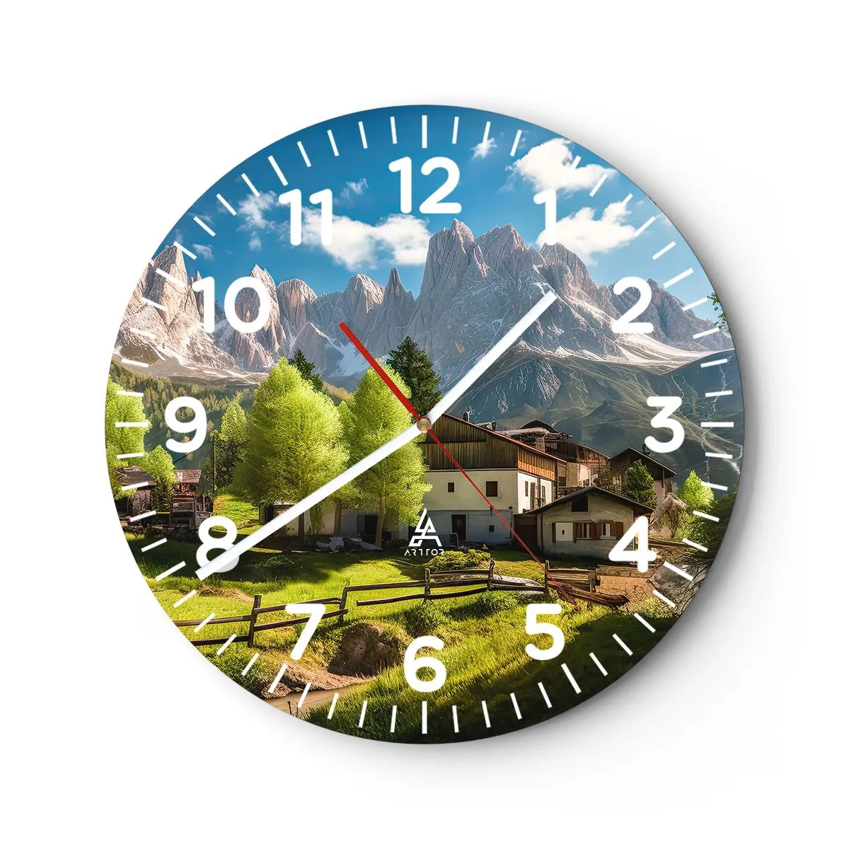 Wanduhr - Glasuhr - Alpenidylle - 40x40 cm