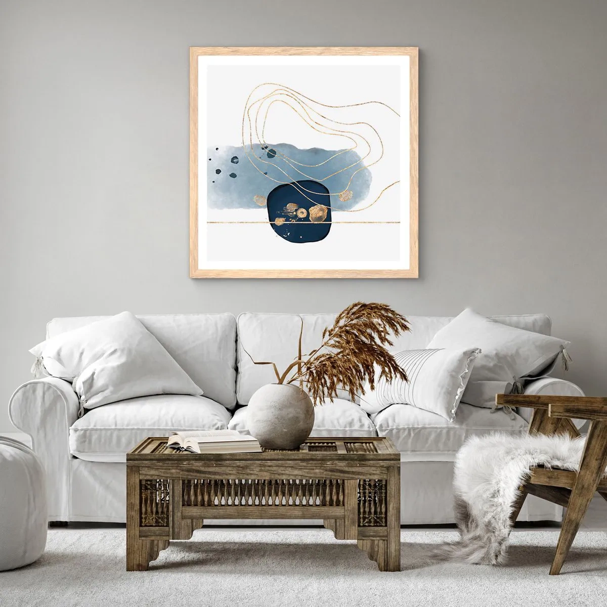 Poster in einem Rahmen aus heller Eiche - Blau-goldene Fantasie - 60x60 cm