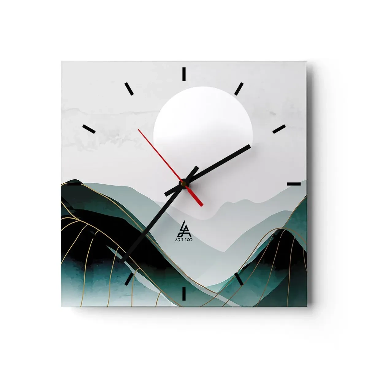Wanduhr - Glasuhr - Abstrakte Berglandschaft mit Mond und goldenen Linien - 30x30cm - In voller Majestät - Moderne Wanddekoration für Wohnzimmer und Schlafzimmer ARTTOR