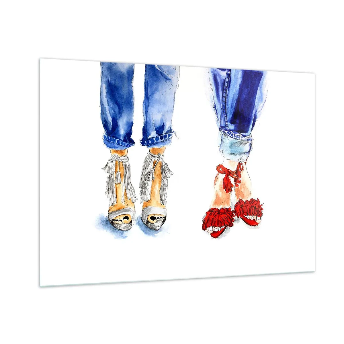 Glasbild - Bild auf glas - Zwei stylische Schuhe vor dem Hintergrund von Jeans - 100x70cm - Vielleicht gehen wir spazieren? - Moderne Wanddekoration für Wohnzimmer und Schlafzimmer ARTTOR