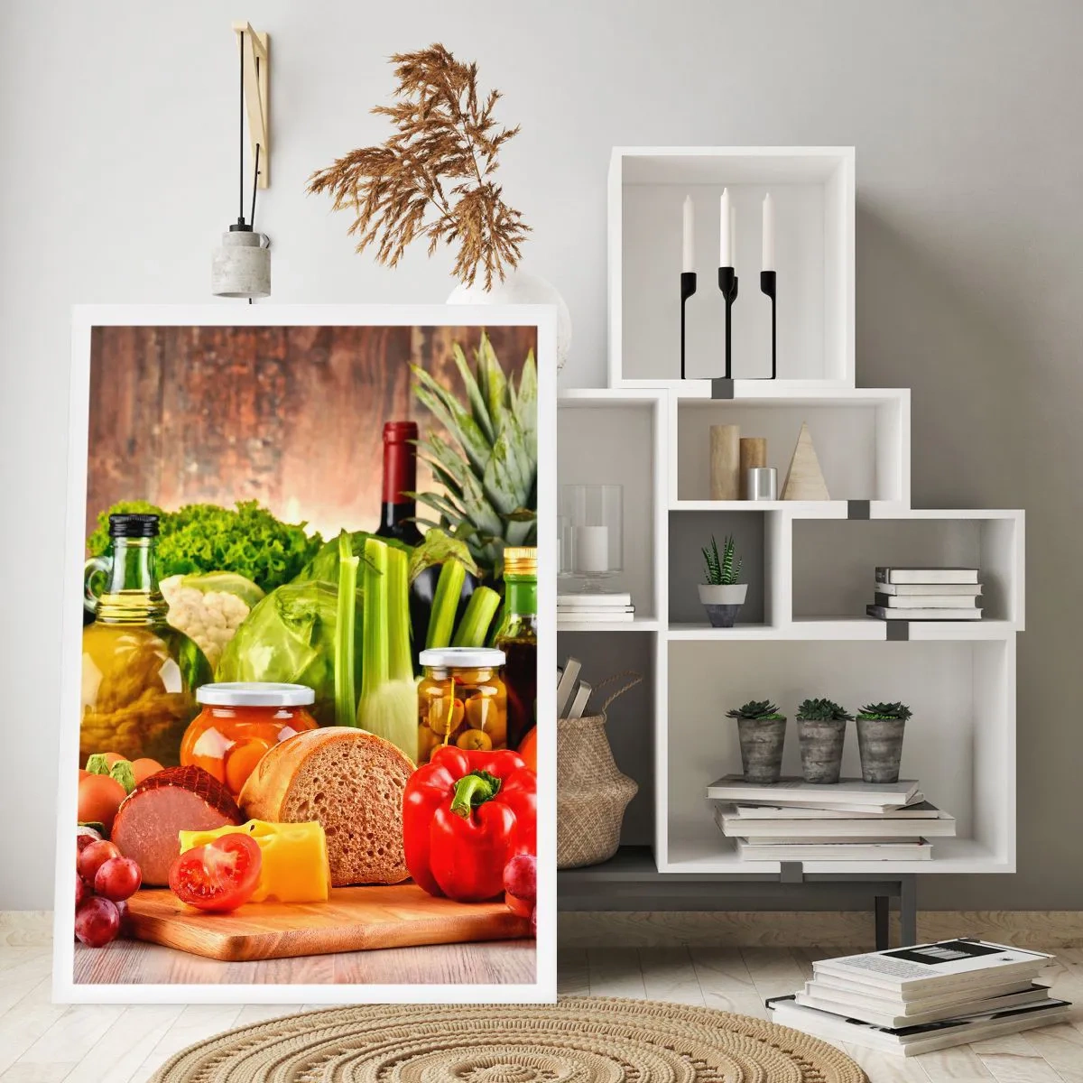 Poster - Buntes Gemüse und Lebensmittel auf einem hölzernen Hintergrund - 50x70cm - Geräuchert, gebacken und eingelegt - Moderne Wanddekoration für Wohnzimmer und Schlafzimmer ARTTOR